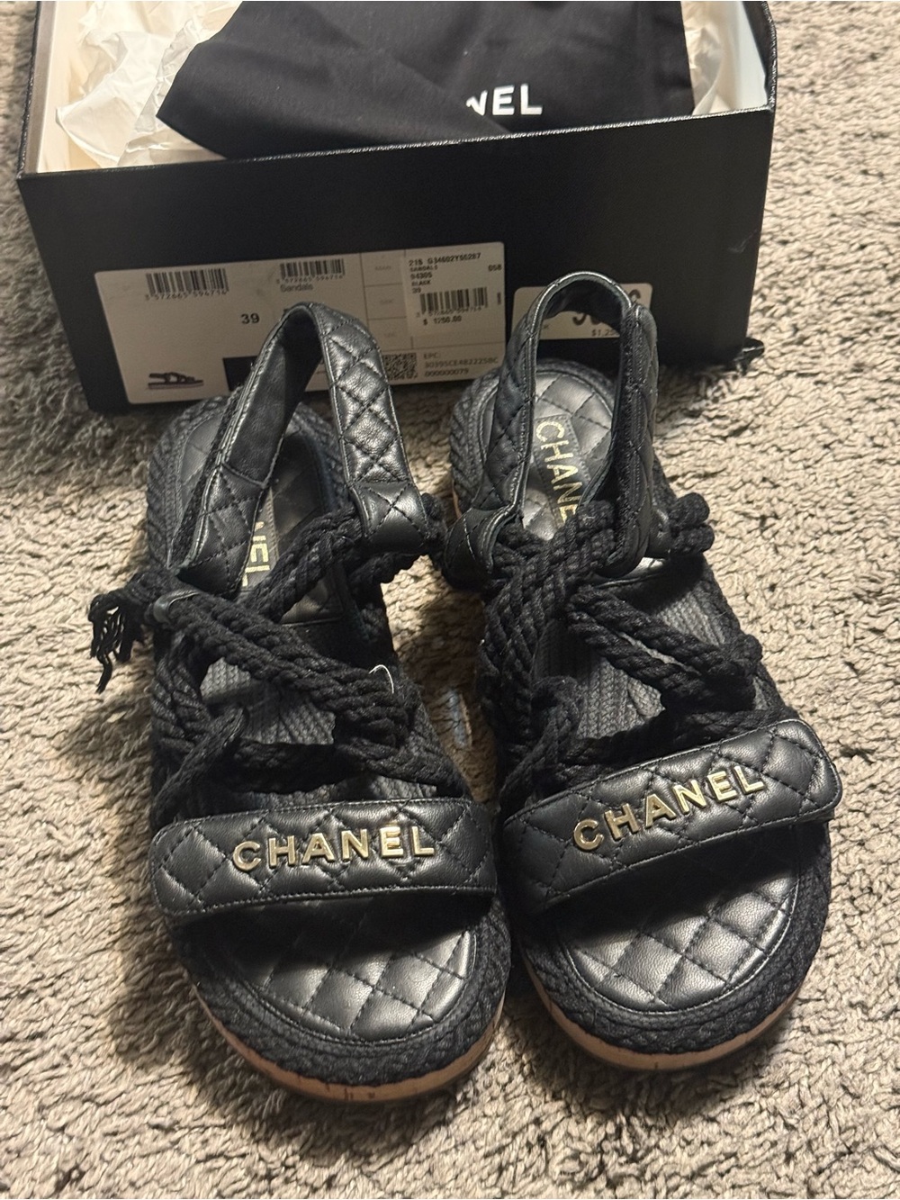 CHANEL Black Quilted Rope Lace-Up Slingback Sandals with Gold Logo